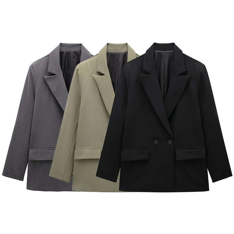 Blazer oversize cruzado de mujer en gris, verde caqui y negro